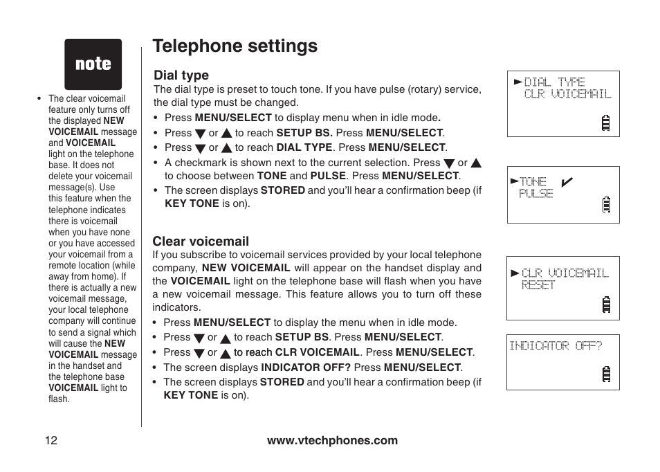Telephone settings, Clear voicemail, Dial type | Sharper Image 6031 User Manual | Page 15 / 51