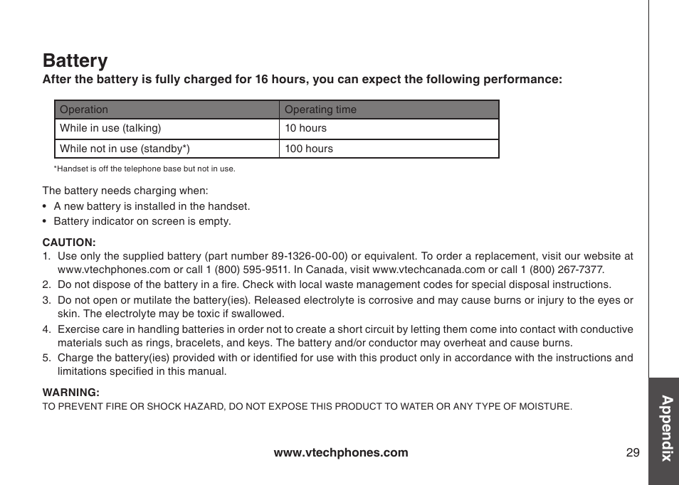 Battery, Appendix | Sharper Image 6031 User Manual | Page 32 / 51