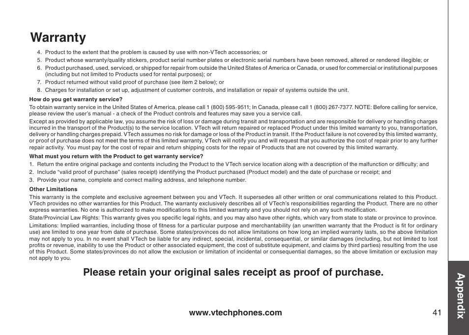 Warranty, Appendix | Sharper Image 6031 User Manual | Page 44 / 51
