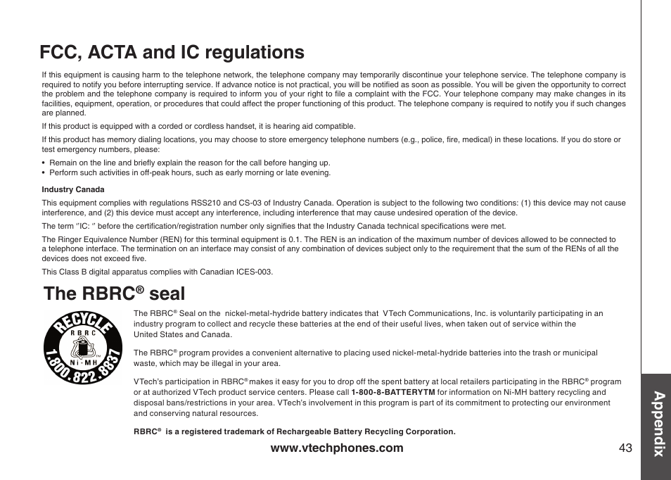Fcc, acta and ic regulations, The rbrc, Seal | Appendix | Sharper Image 6031 User Manual | Page 46 / 51