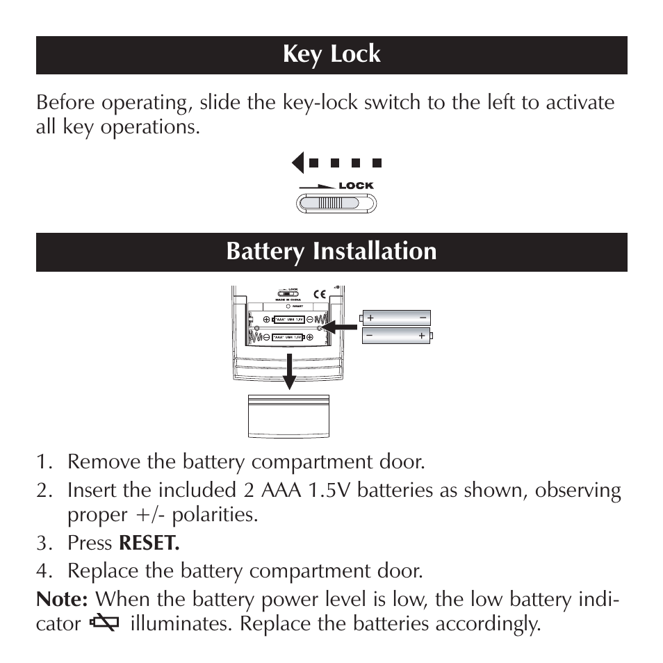 Battery installation, Key lock | Sharper Image OQ314 User Manual | Page 11 / 35