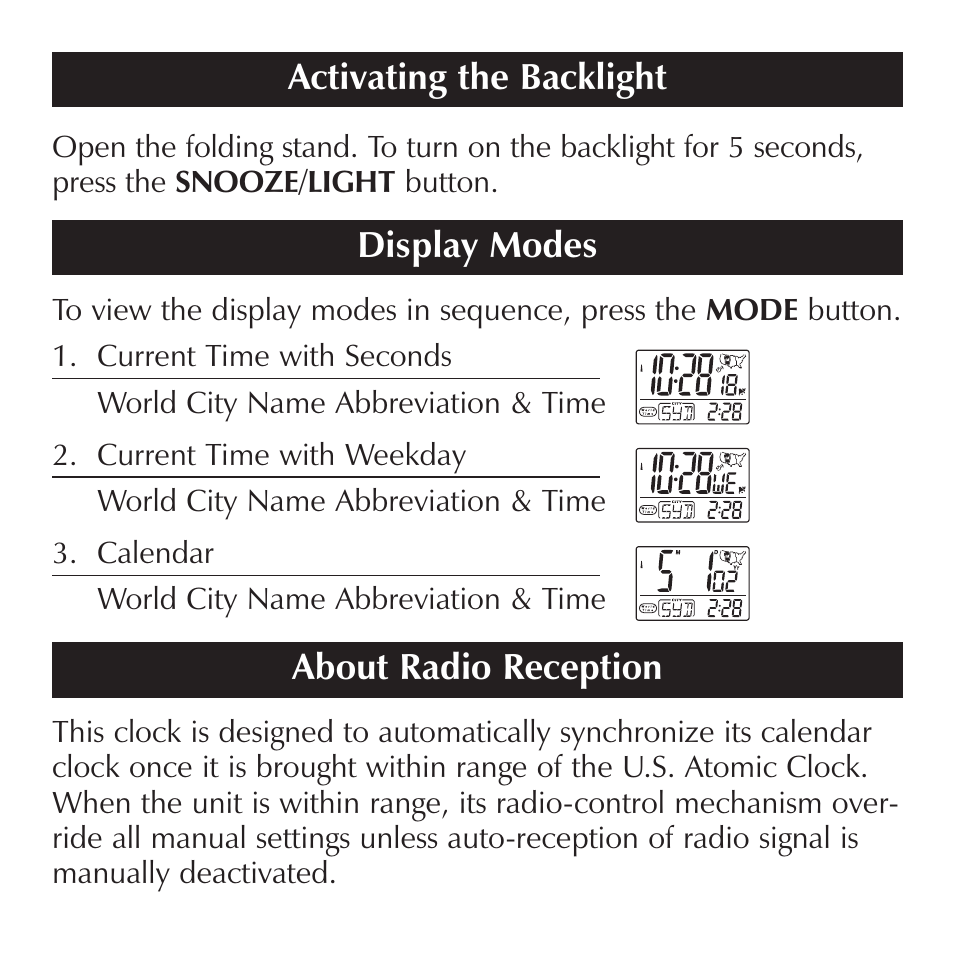 Display modes, About radio reception, Activating the backlight | Sharper Image OQ314 User Manual | Page 12 / 35