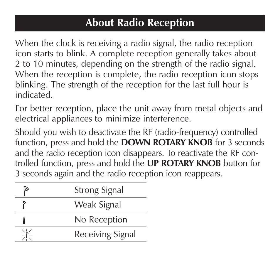 About radio reception | Sharper Image OQ314 User Manual | Page 13 / 35