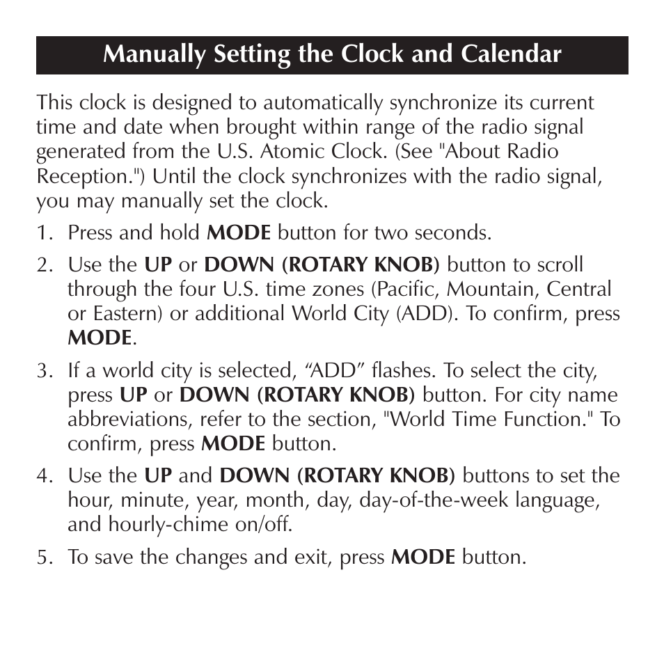 Manually setting the clock and calendar | Sharper Image OQ314 User Manual | Page 14 / 35