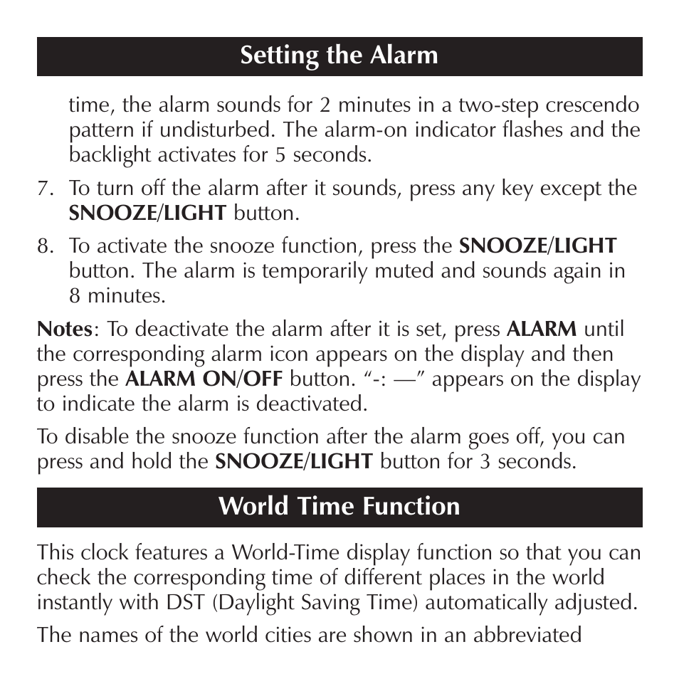 World time function, Setting the alarm | Sharper Image OQ314 User Manual | Page 17 / 35