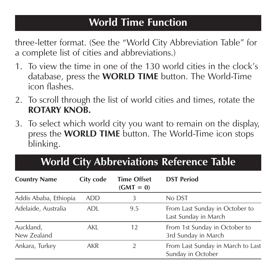 World city abbreviations reference table, World time function | Sharper Image OQ314 User Manual | Page 18 / 35