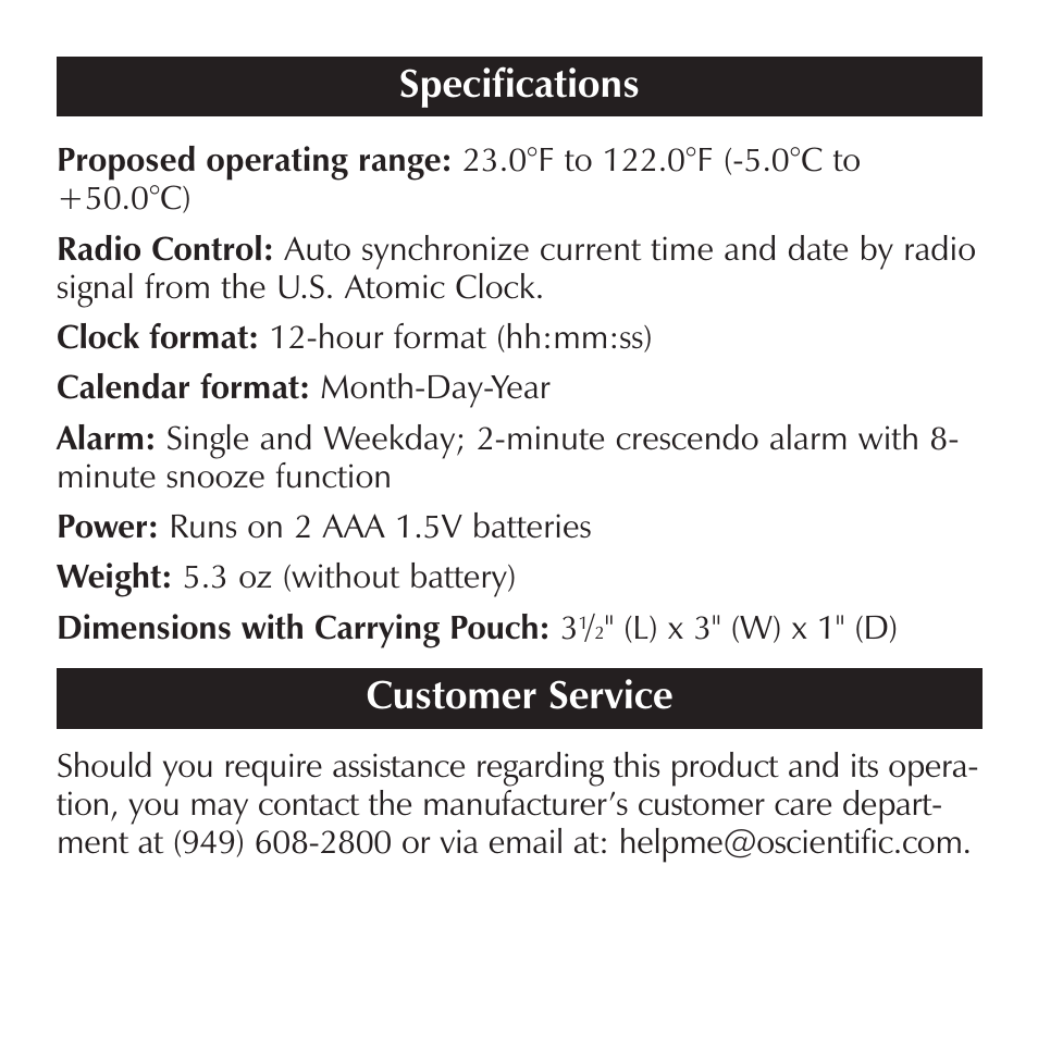 Customer service, Specifications | Sharper Image OQ314 User Manual | Page 30 / 35