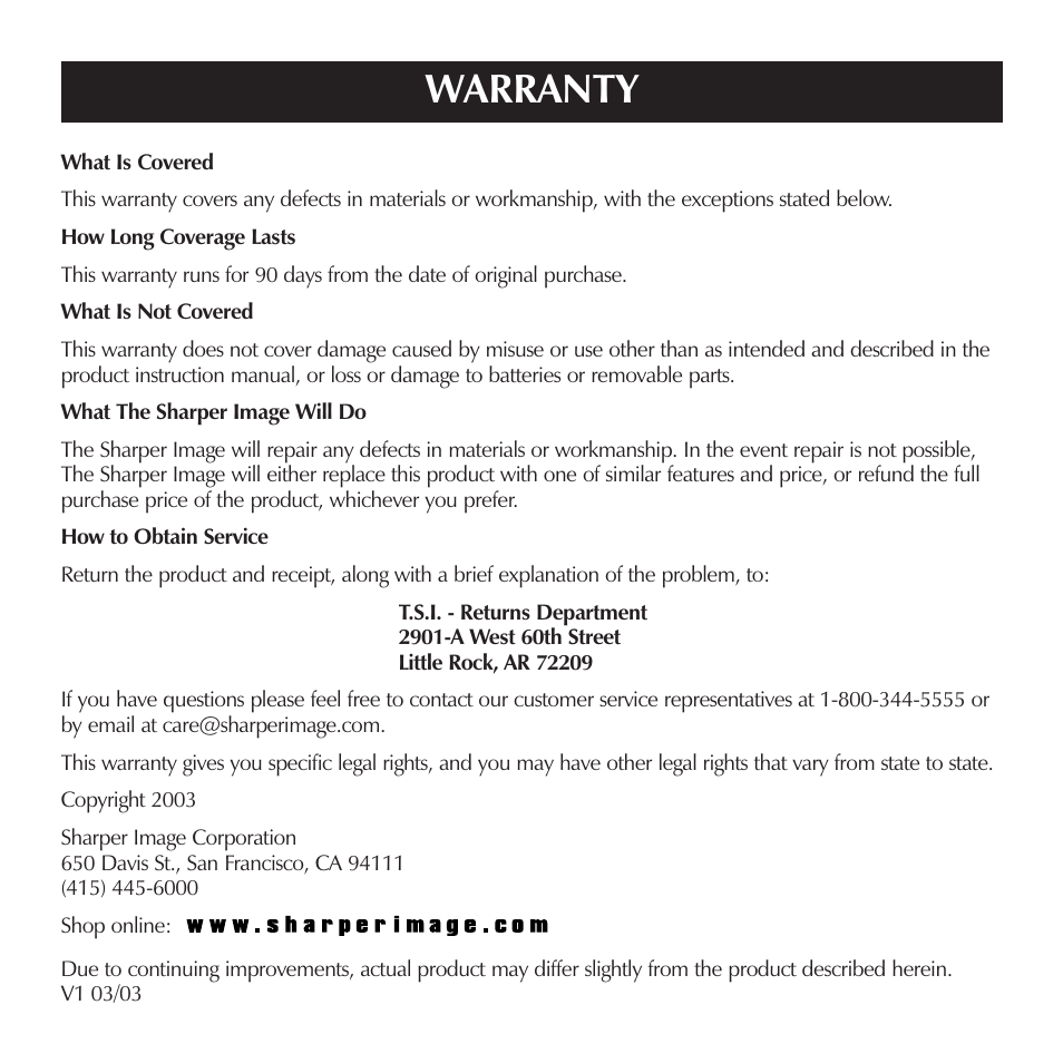 Warranty | Sharper Image OQ314 User Manual | Page 35 / 35