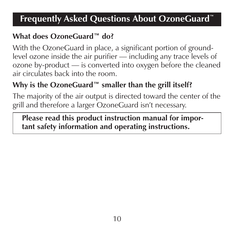 Frequently asked questions about ozoneguard | Sharper Image SI871 User Manual | Page 10 / 20