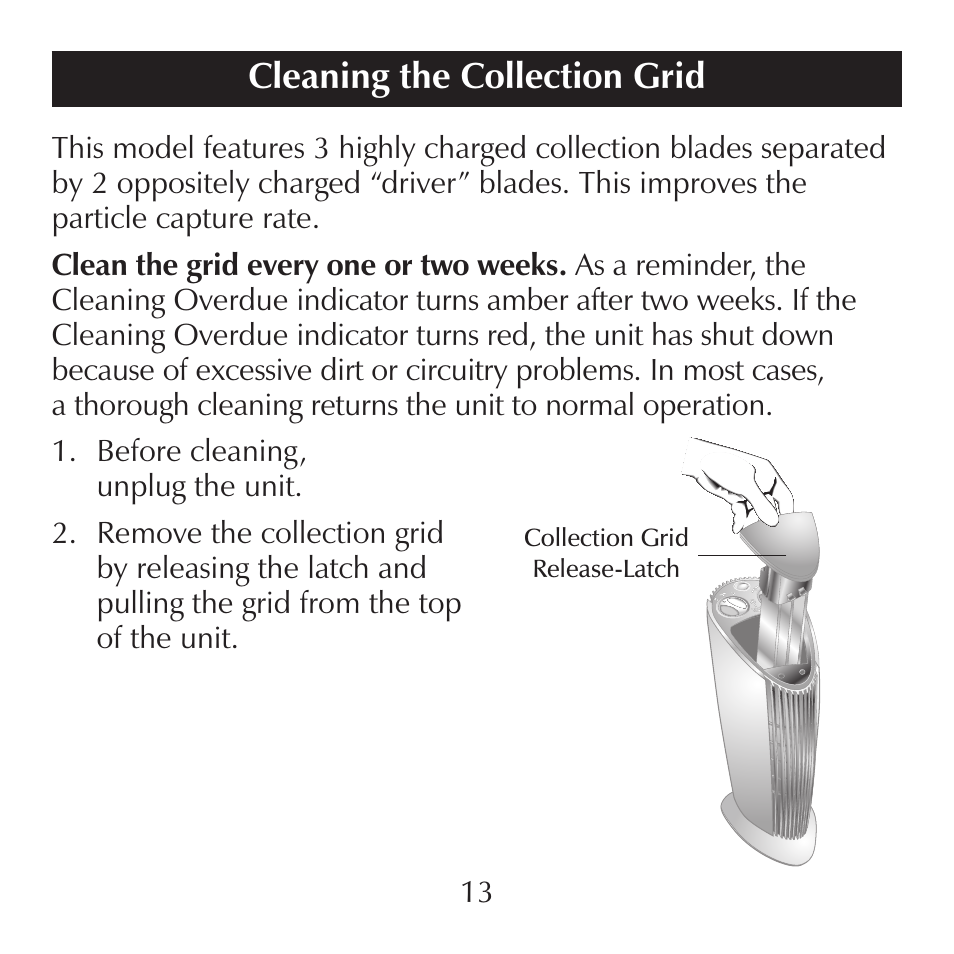 Cleaning the collection grid | Sharper Image SI871 User Manual | Page 13 / 20