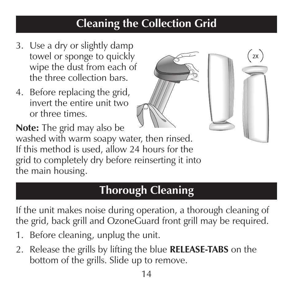 Cleaning the collection grid, Thorough cleaning | Sharper Image SI871 User Manual | Page 14 / 20