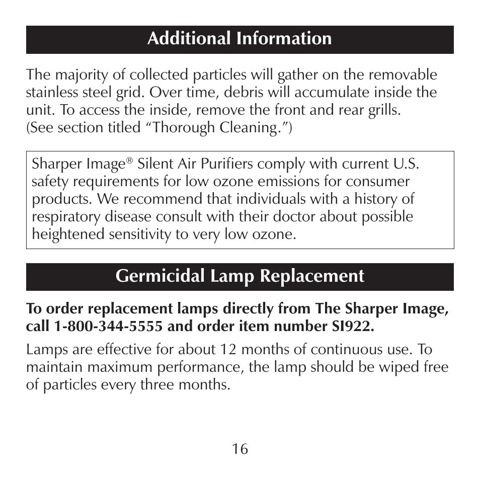 Additional information, Germicidal lamp replacement | Sharper Image SI871 User Manual | Page 16 / 20