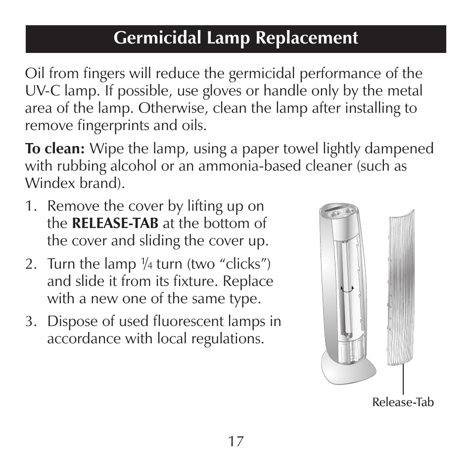 Germicidal lamp replacement | Sharper Image SI871 User Manual | Page 17 / 20