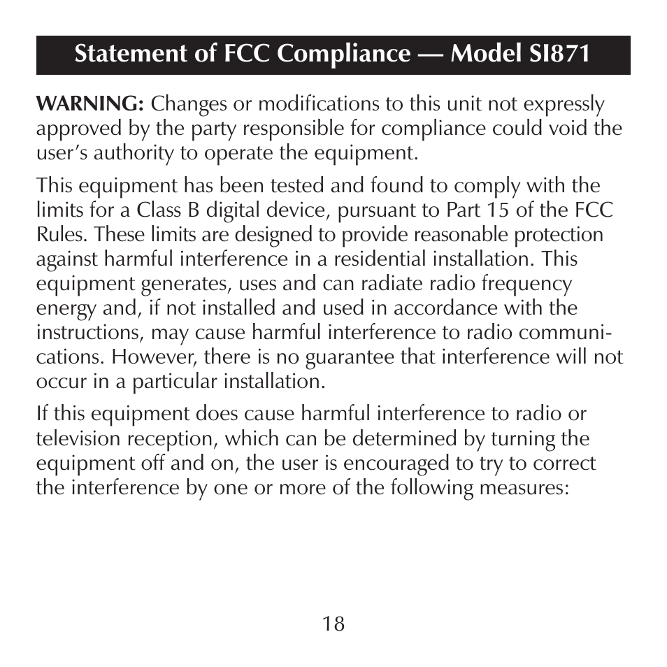 Statement of fcc compliance — model si871 | Sharper Image SI871 User Manual | Page 18 / 20