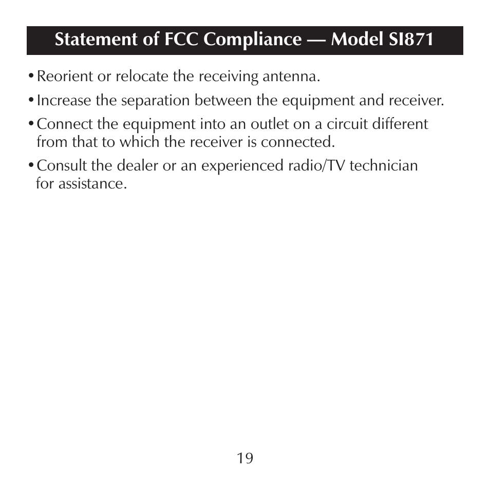 Statement of fcc compliance — model si871 | Sharper Image SI871 User Manual | Page 19 / 20