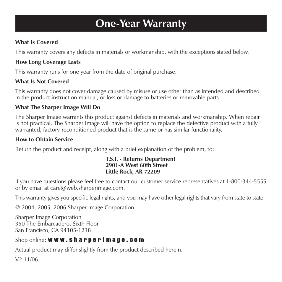 One-year warranty | Sharper Image SI871 User Manual | Page 20 / 20