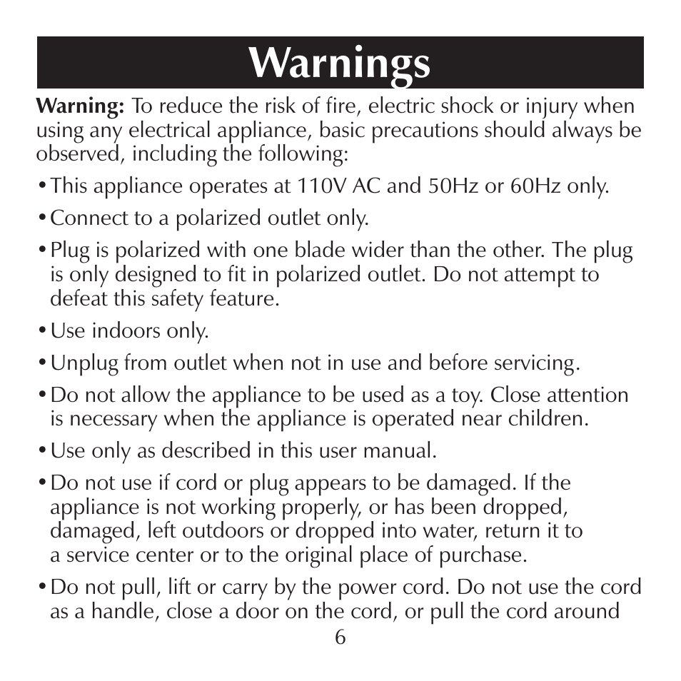 Warnings | Sharper Image SI871 User Manual | Page 6 / 20