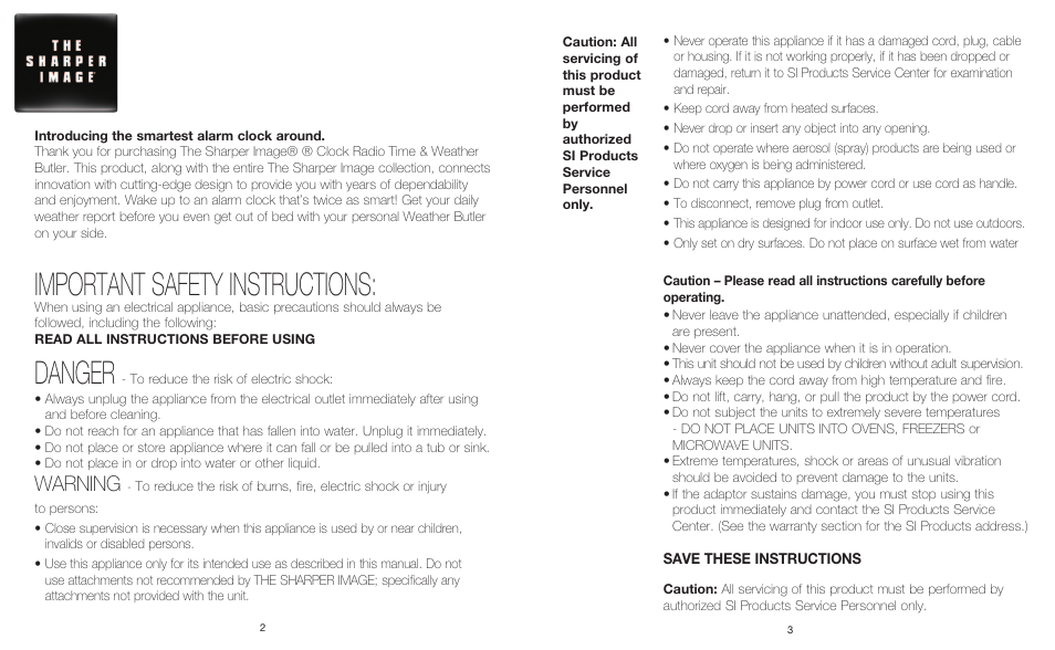 Important safety instructions, Danger, Warning | Sharper Image IB-ECB130 User Manual | Page 2 / 6