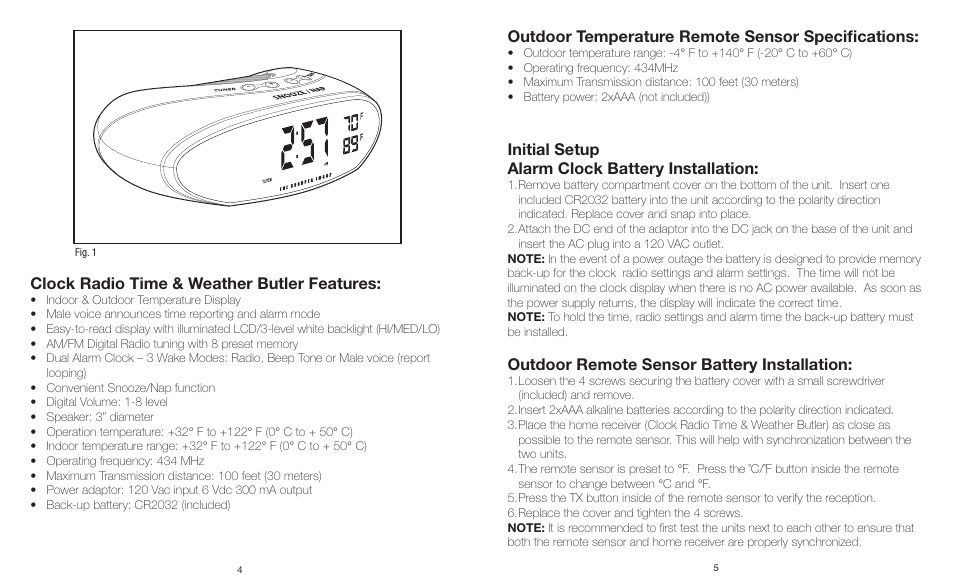 Clock radio time & weather butler features, Outdoor temperature remote sensor specifications, Initial setup alarm clock battery installation | Outdoor remote sensor battery installation | Sharper Image IB-ECB130 User Manual | Page 3 / 6