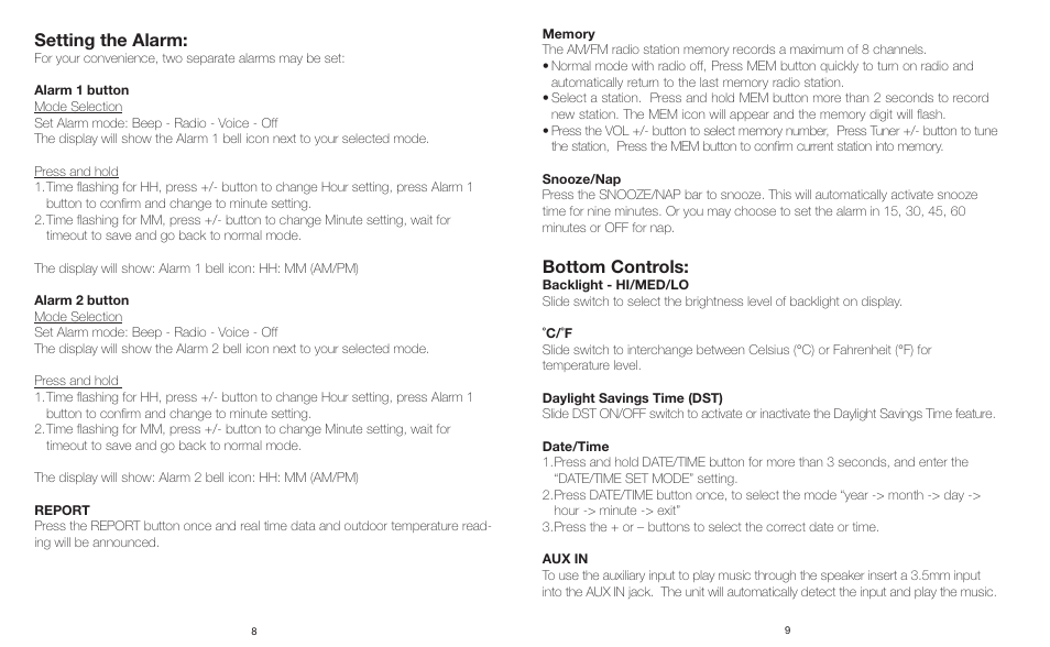 Setting the alarm, Bottom controls | Sharper Image IB-ECB130 User Manual | Page 5 / 6