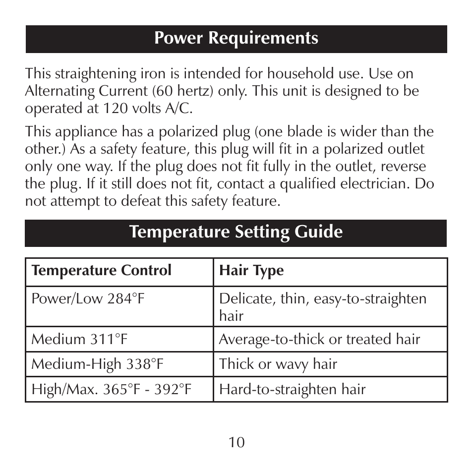 Temperature setting guide, Power requirements | Sharper Image CA899 User Manual | Page 10 / 16