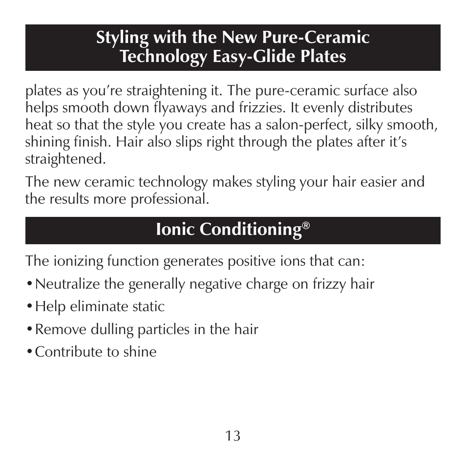 Ionic conditioning | Sharper Image CA899 User Manual | Page 13 / 16