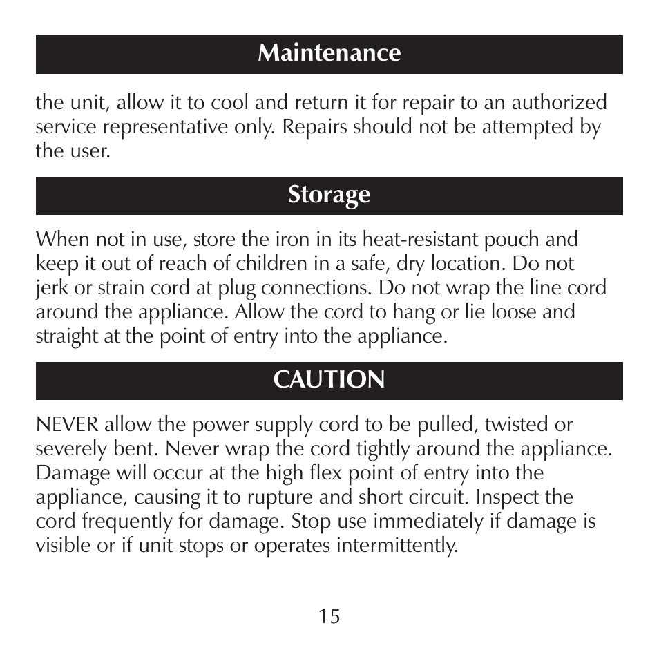 Maintenance, Storage, Caution | Sharper Image CA899 User Manual | Page 15 / 16