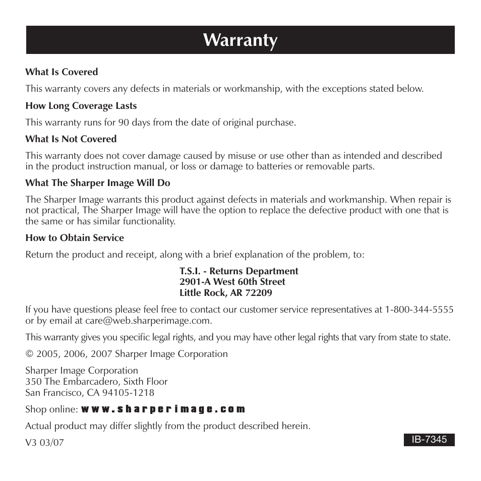 Warranty | Sharper Image CA899 User Manual | Page 16 / 16