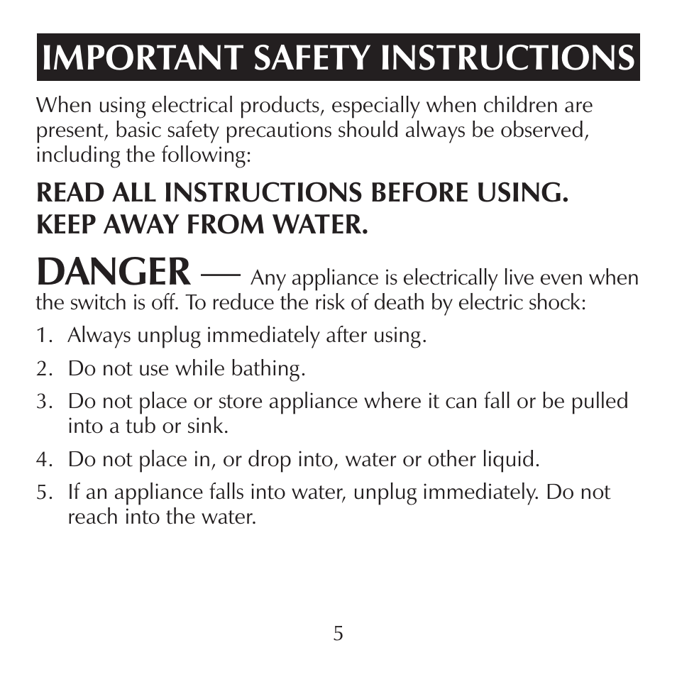 Danger, Important safety instructions | Sharper Image CA899 User Manual | Page 5 / 16
