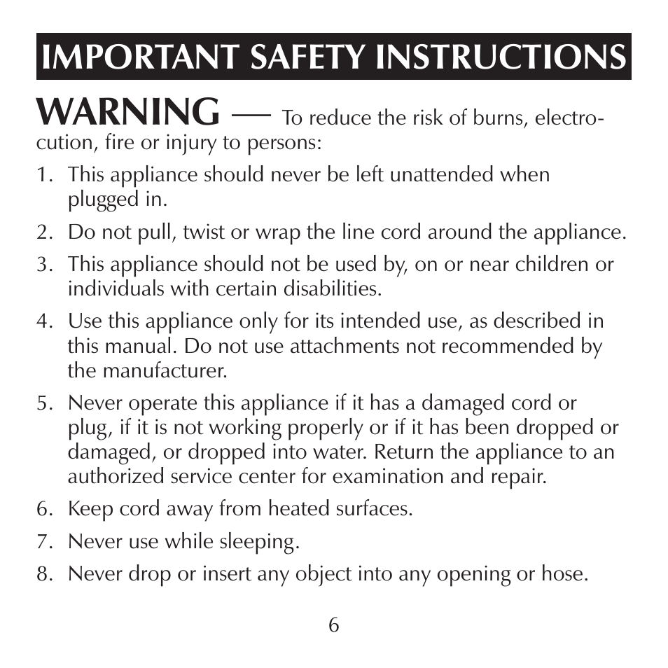 Warning, Important safety instructions | Sharper Image CA899 User Manual | Page 6 / 16