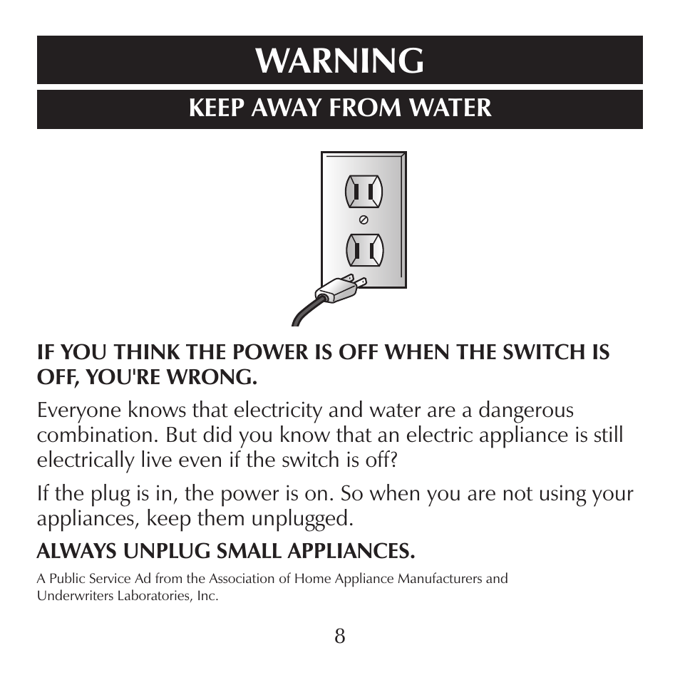 Warning, Keep away from water | Sharper Image CA899 User Manual | Page 8 / 16