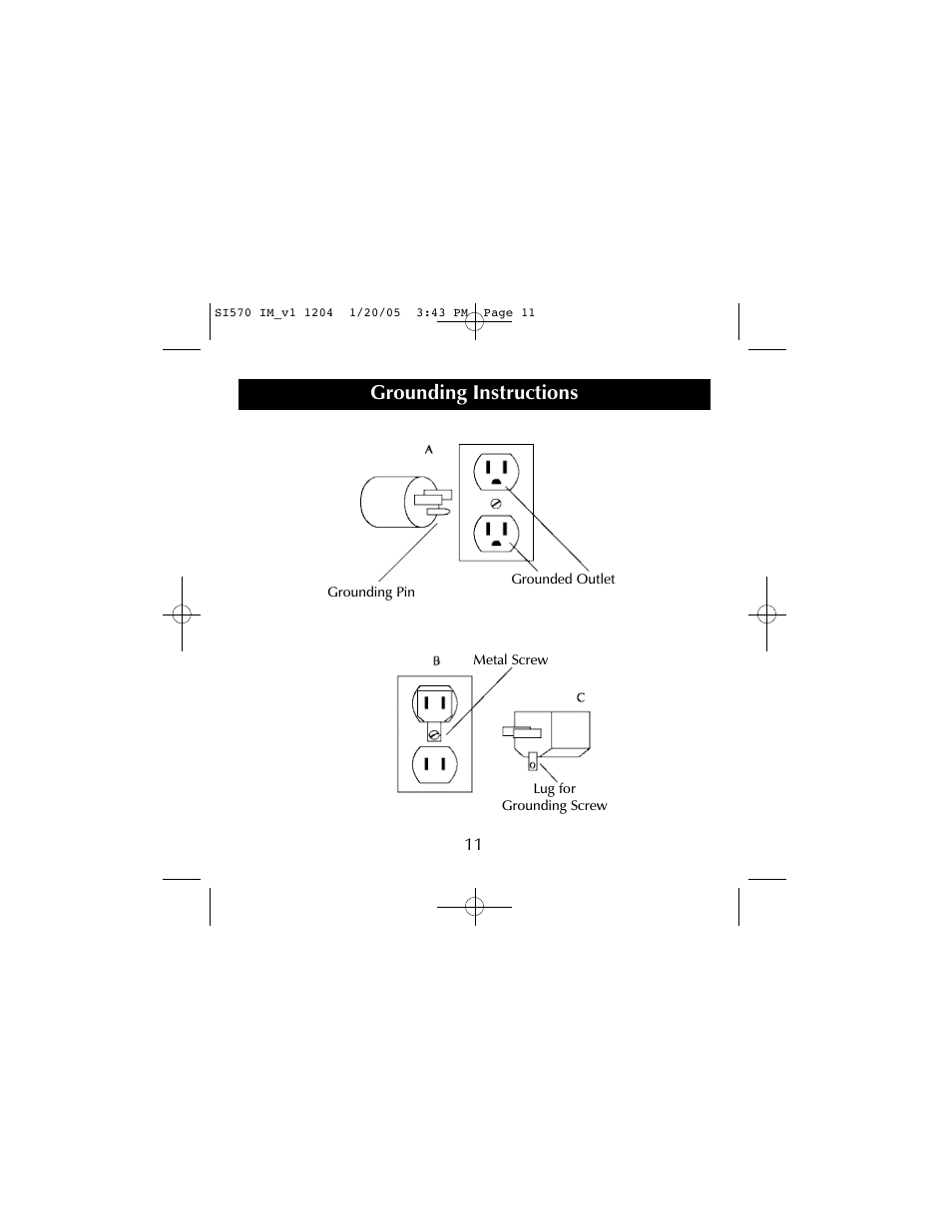 Grounding instructions | Sharper Image S1570 User Manual | Page 11 / 24