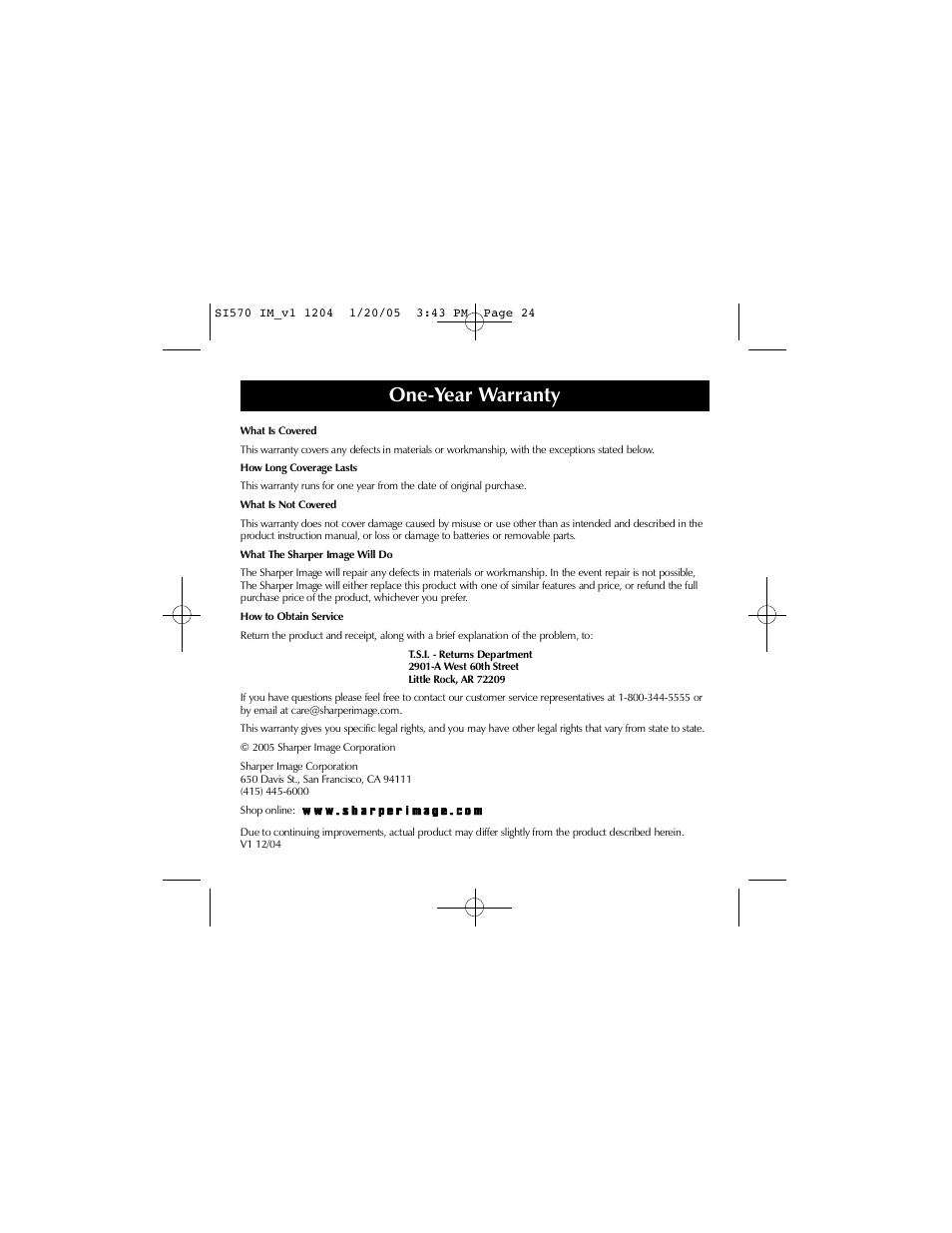 One-year warranty | Sharper Image S1570 User Manual | Page 24 / 24