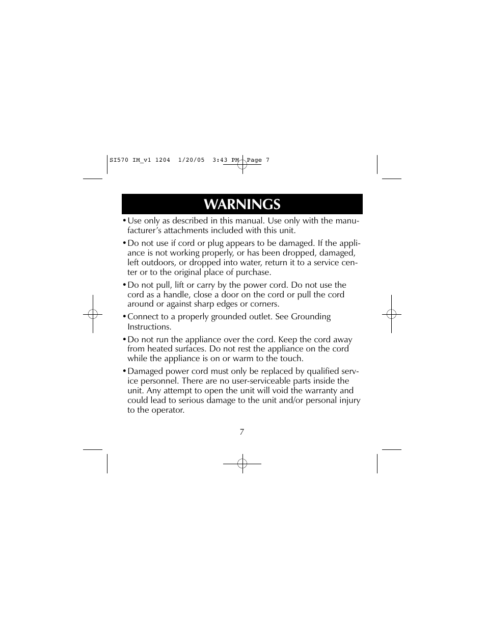 Warnings | Sharper Image S1570 User Manual | Page 7 / 24