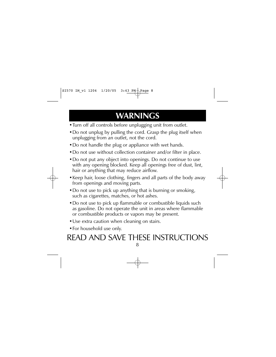 Warnings, Read and save these instructions | Sharper Image S1570 User Manual | Page 8 / 24