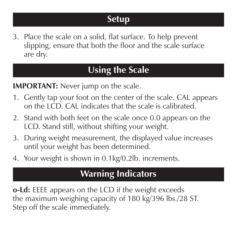 Setup, Using the scale, Warning indicators | Sharper Image EM150 User Manual | Page 5 / 8