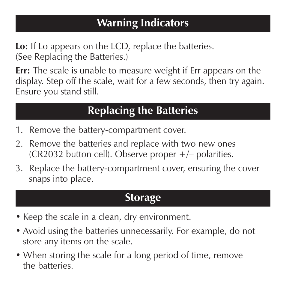 Warning indicators, Replacing the batteries, Storage | Sharper Image EM150 User Manual | Page 6 / 8