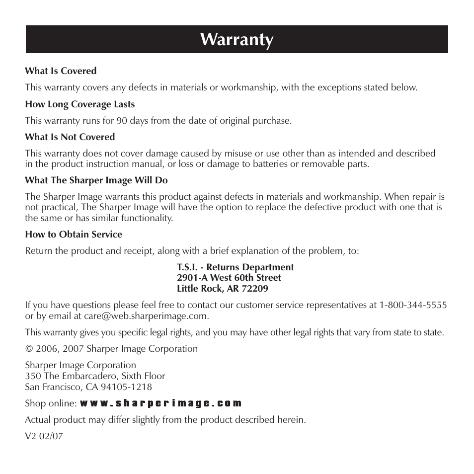 Warranty | Sharper Image EM150 User Manual | Page 8 / 8