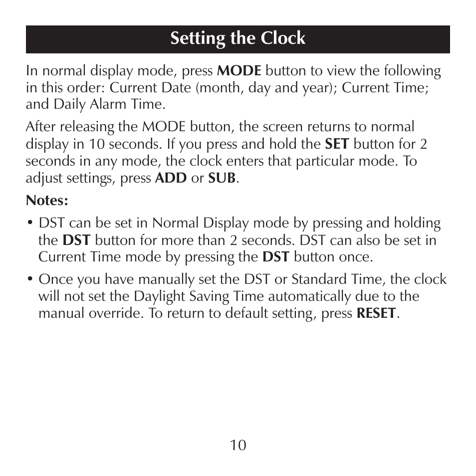 Setting the clock | Sharper Image SN004 User Manual | Page 10 / 20