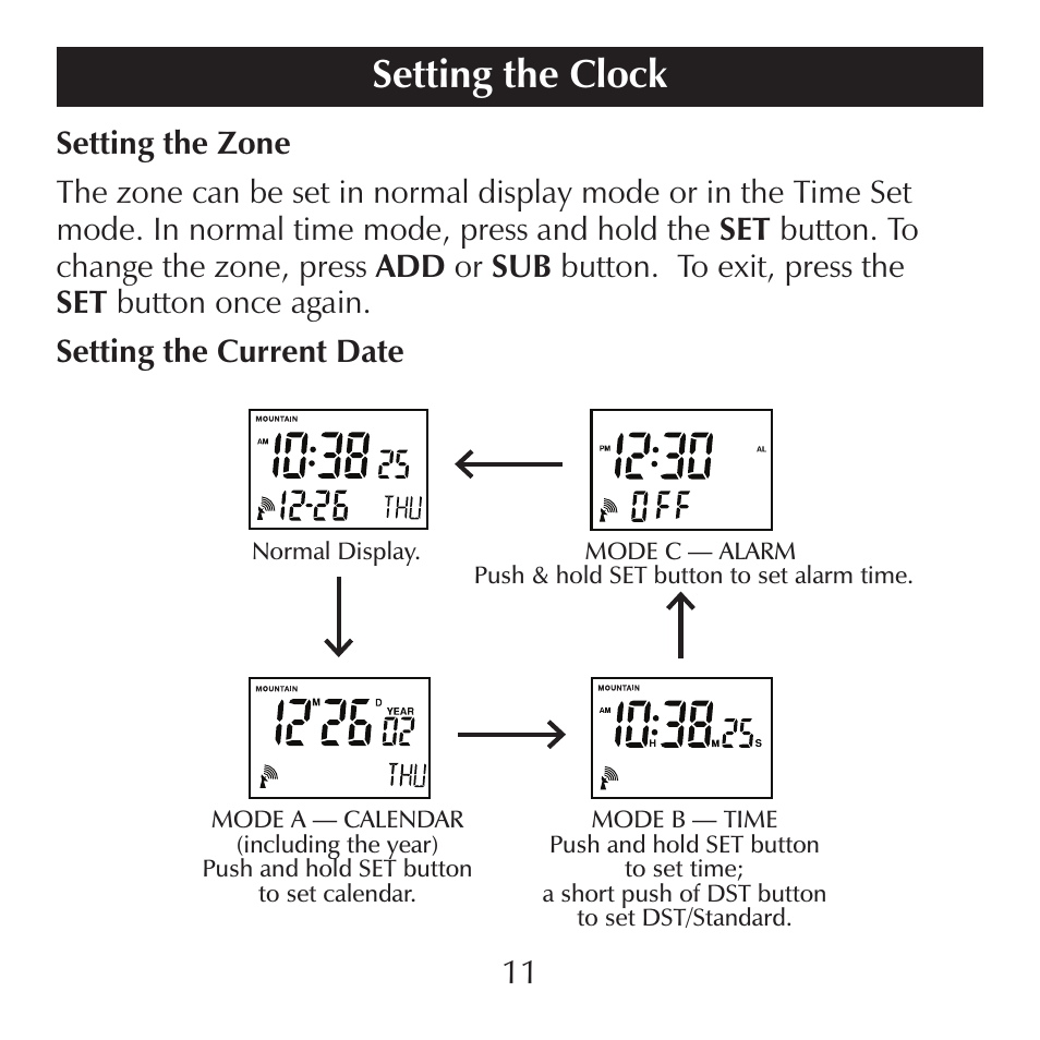 Setting the clock | Sharper Image SN004 User Manual | Page 11 / 20
