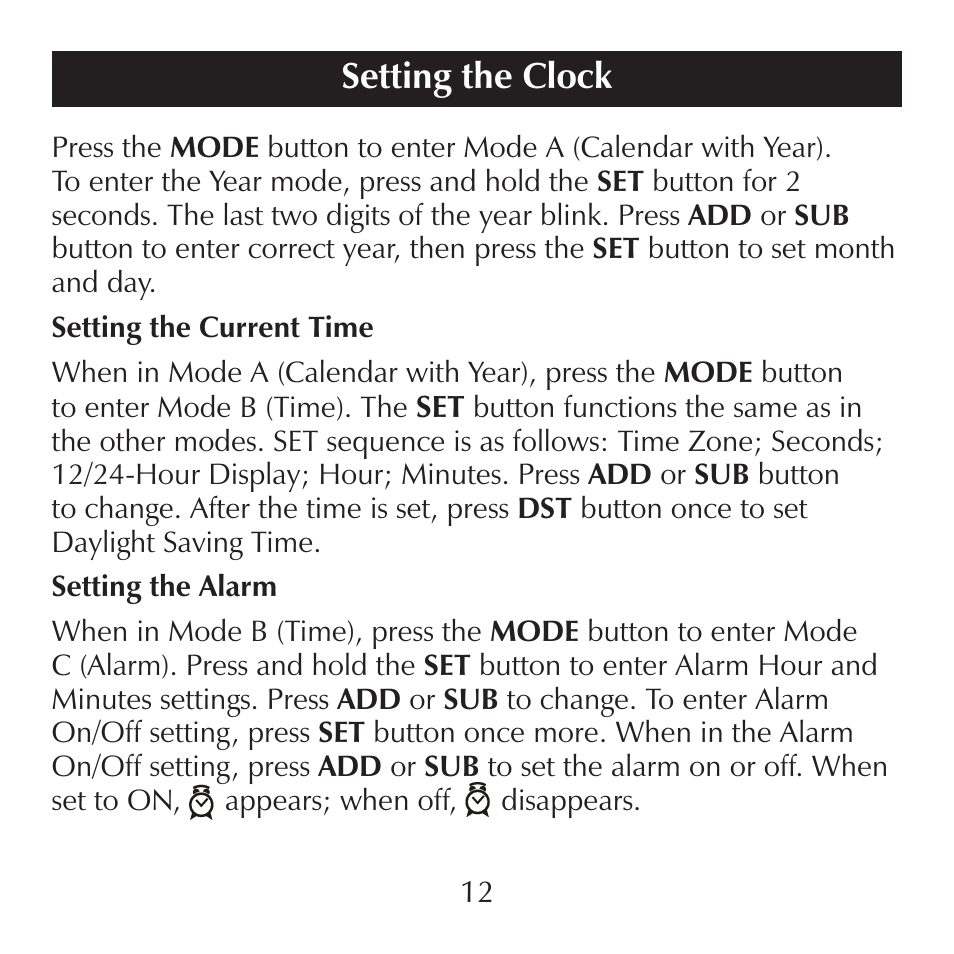 Setting the clock | Sharper Image SN004 User Manual | Page 12 / 20