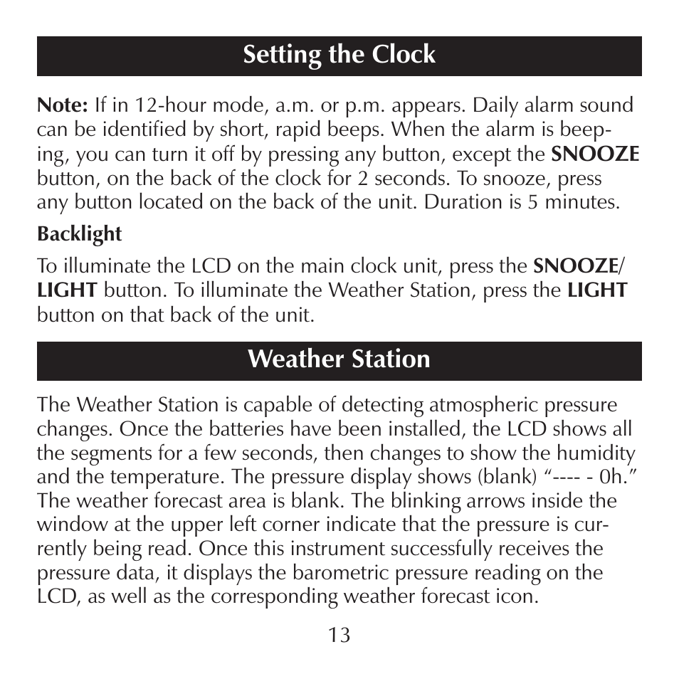 Setting the clock, Weather station | Sharper Image SN004 User Manual | Page 13 / 20