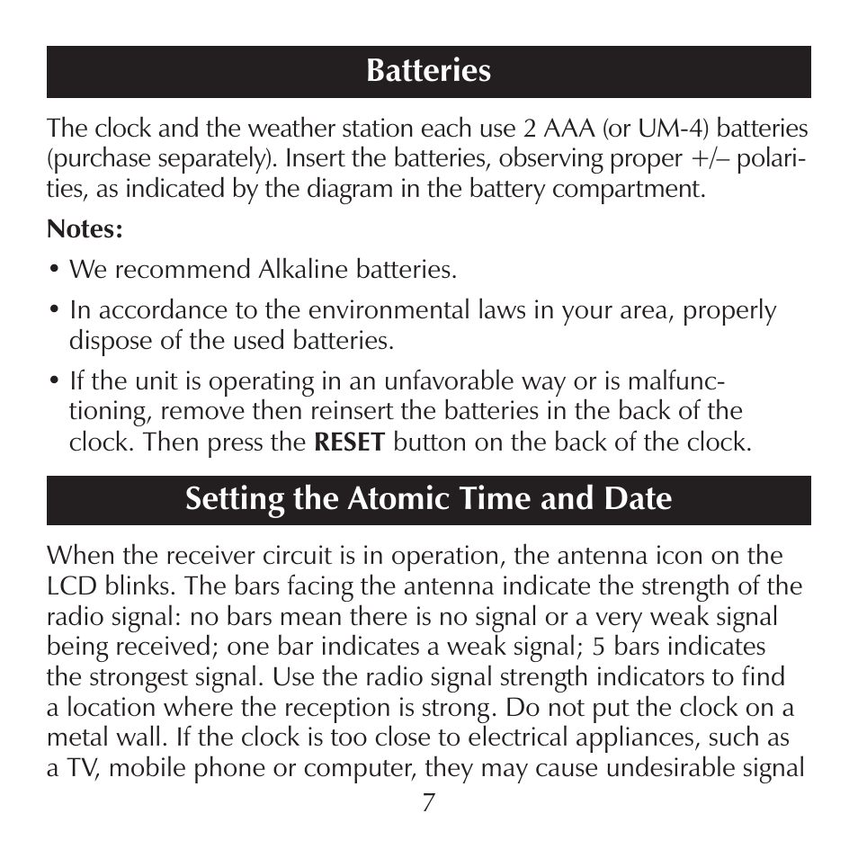 Head h1 or h2, Batteries, Setting the atomic time and date | Sharper Image SN004 User Manual | Page 7 / 20