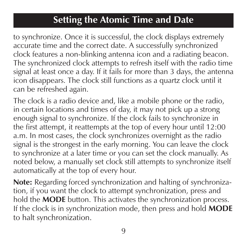 Head h1 or h2, Setting the atomic time and date | Sharper Image SN004 User Manual | Page 9 / 20