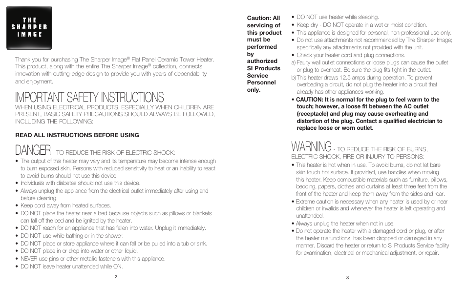 Important safety instructions, Danger, Warning | Sharper Image EVSI-HTR70 User Manual | Page 2 / 6