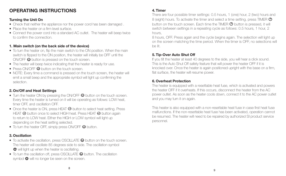 Operating instructions | Sharper Image EVSI-HTR70 User Manual | Page 5 / 6