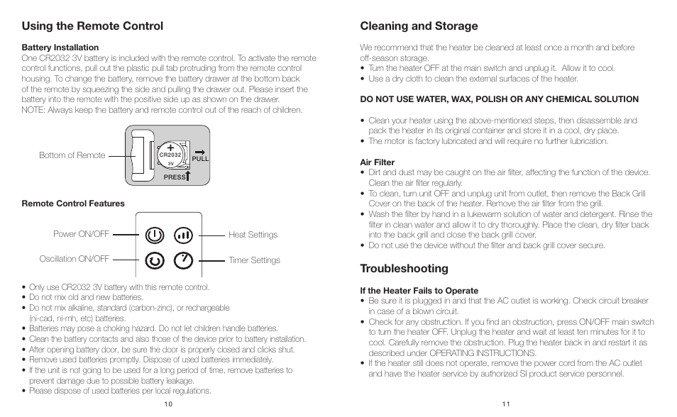 Using the remote control, Cleaning and storage, Troubleshooting | Sharper Image EVSI-HTR70 User Manual | Page 6 / 6