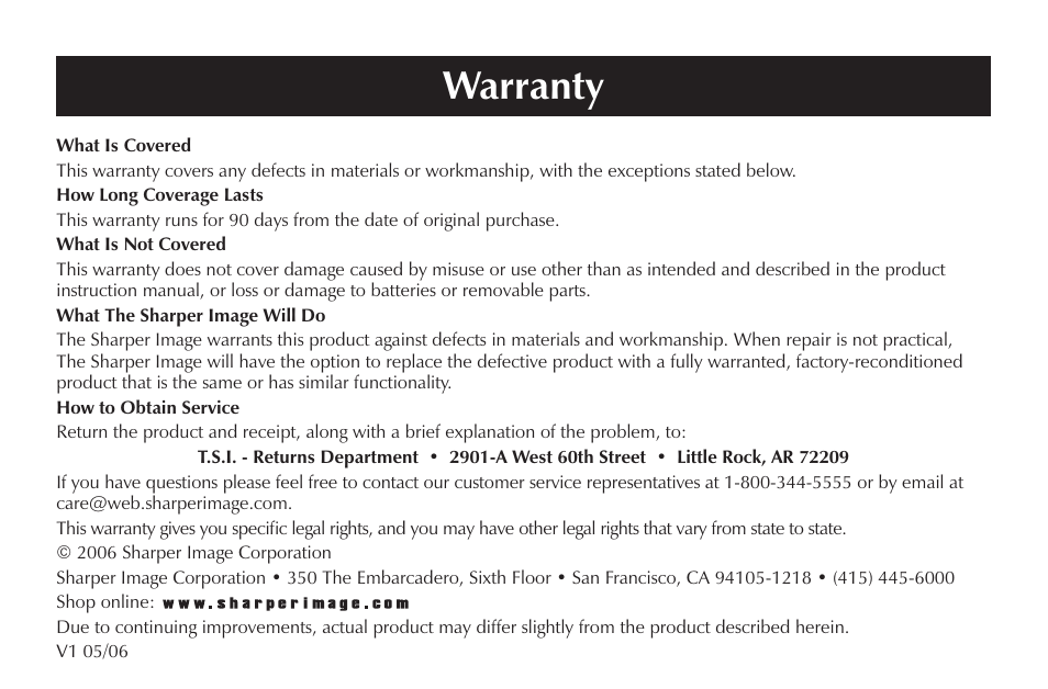 Warranty | Sharper Image SR294 User Manual | Page 7 / 7