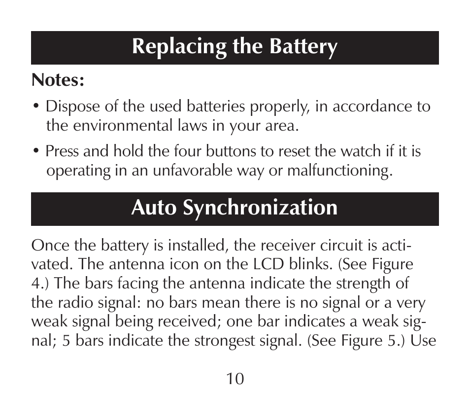 Replacing the battery, Auto synchronization | Sharper Image SN005 User Manual | Page 10 / 28
