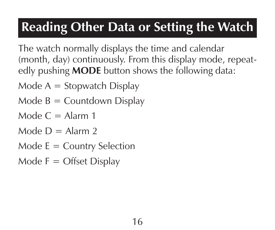 Reading other data or setting the watch | Sharper Image SN005 User Manual | Page 16 / 28